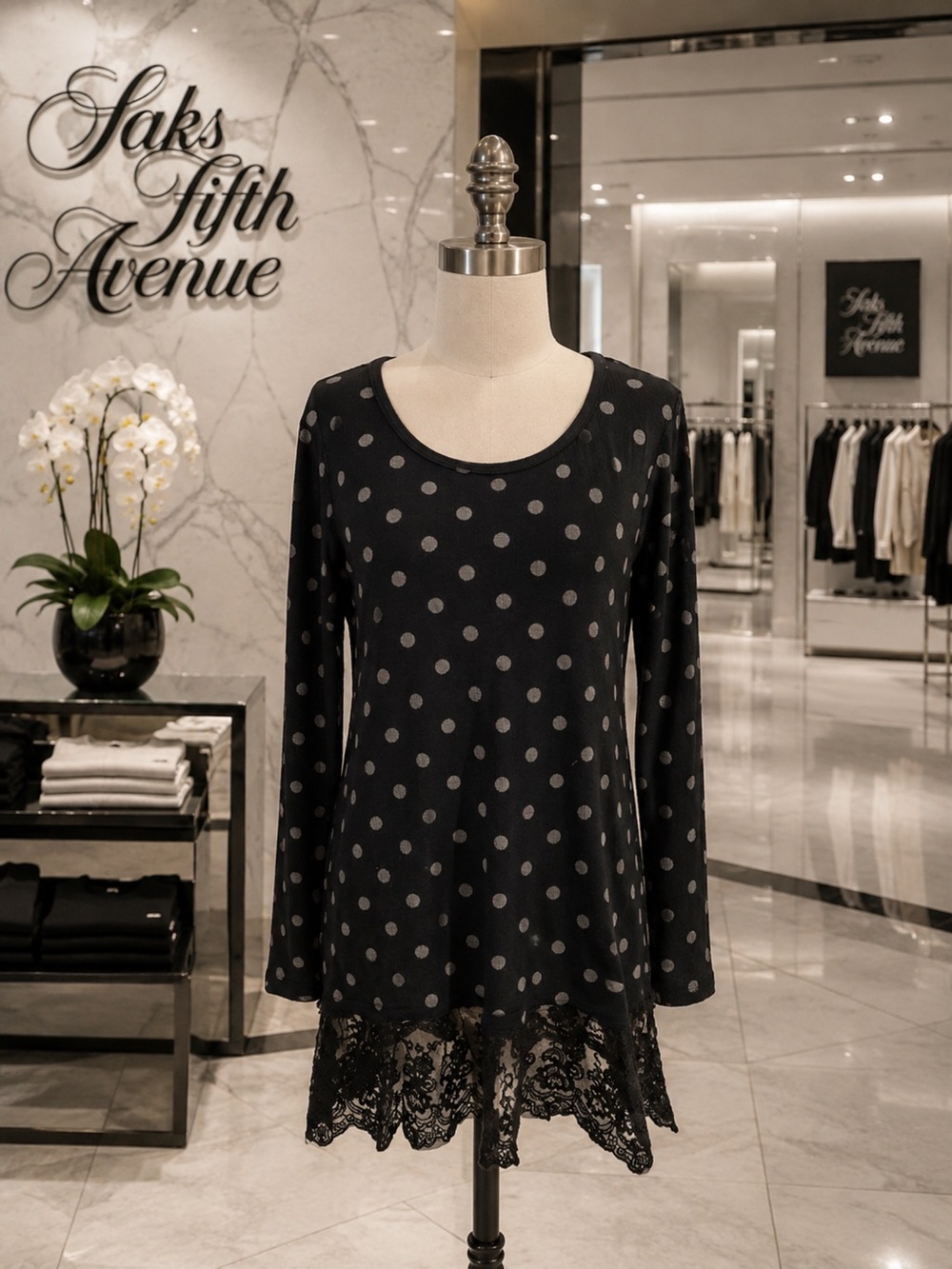 Saks Fifth Avenue Gray Polka Dot Long Sleeve Top
